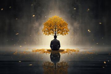 Journey to mental well-being. A person in deep meditation, an abstract tree sprouting from their mind, each leaf symbolizing a mindful thought. Explore the transformative power of self-reflection.
