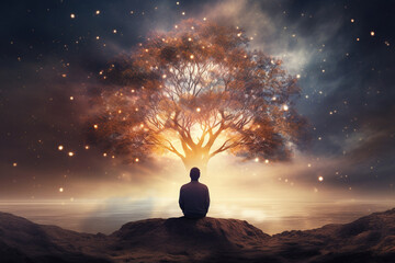 Capture the essence of self-discovery and mental well-being a person meditating, an abstract tree blossoming, each leaf embodying a mindful thought. Artistic visualization of mindfulness.