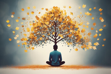 Transformative mindfulness captured: a person meditates, an abstract tree sprouts from their head, each leaf embodying a mindful thought. Mental well-being in art.