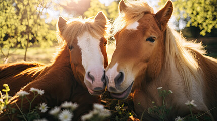 two brown and white ponies held their heads close together comfortably in the bright sunlight created with Generative AI Technology 