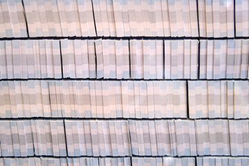 Banknotes folded in bundles, side view. Paper money packaging, background