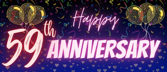 59th or fifty ninth anniversary template. Shiny neon calligraphy text and number with Confetti, balloons and sparkle on elegant blue gradient background. Use for design, greeting card and invitation - obrazy, fototapety, plakaty