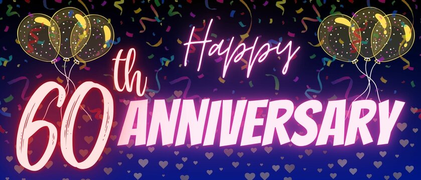 60th or sixty ninth anniversary template. Shiny neon calligraphy text and number with Confetti, balloons and sparkle on elegant blue gradient background. Use for design, greeting card and invitation