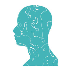 Top view of the blue and bright turquoise sea. Double exposure portrait of young man and seashore