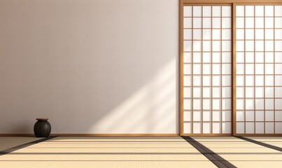 Empty Japanese style room with tatami mat floor, wood shoji window in sunlight, grills shadow on white wall for East Asian interior design decoration, Generative AI - obrazy, fototapety, plakaty