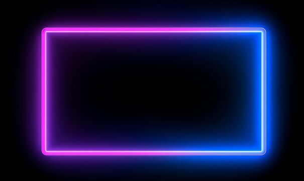 Square rectangle picture frame with two tone neon color motion graphic on isolated black background. Blue and pink light moveing for overlay element. 3D illustration rendering. copy space,GenerativeAI