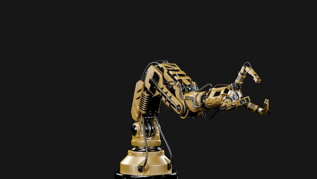 Robotic arm or yellow mechanical hand computing different movements. Industrial robot manipulator showcase. Futuristic technology. Isolated on dark background with alpha. 3d rendering animation
