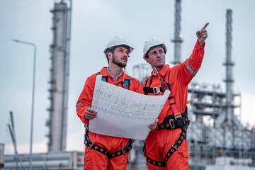 Engineer survey team wear uniform and helmet stand workplace checking blueprint project , radio...