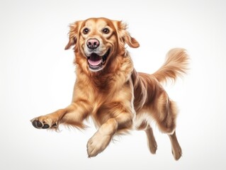 PHOTOREALISTIC PHOTOGRAPH OF FULL BODY GOLDEN RETRIEVER dog JUMPING WITH WHITE BACKGROUND