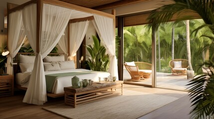 A tropical oasis bedroom with palm leaf ceiling fans, bamboo furniture, and sheer curtains for a...