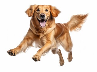 PHOTOREALISTIC PHOTOGRAPH OF FULL BODY GOLDEN RETRIEVER dog JUMPING WITH WHITE BACKGROUND