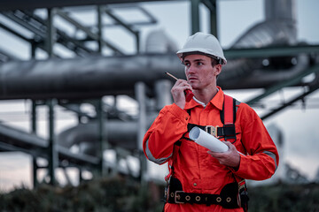 Engineer survey team wear uniform and helmet stand workplace checking blueprint project , radio...