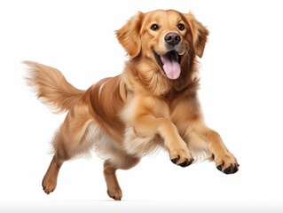 Whole golden retriever dog jumping with white background
