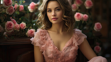 Obraz na płótnie Canvas beautiful feminine young woman with a graceful smile wearing a pink dress with flowing hair and a pink rose flowers on her chest sitting on a wooden armchair created with Generative AI Technology