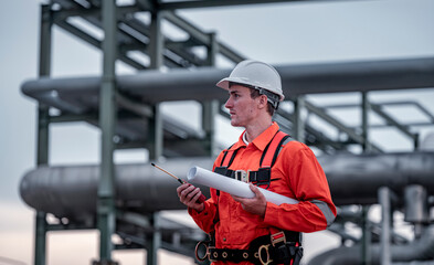 Engineer survey team wear uniform and helmet stand workplace checking blueprint project , radio...