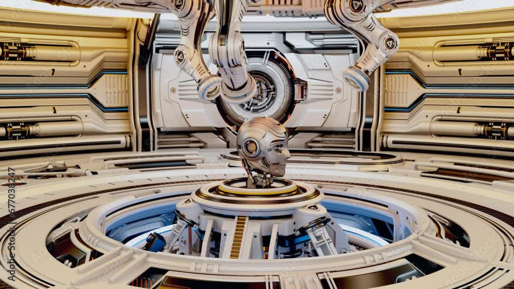 Poster 3d rendering animation of highly detailed futuristic hall with robotic mechanism producing advanced 