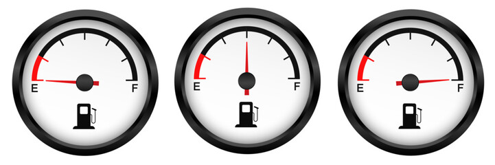 Set of Fuel gauge. low middle and a full tank. Round white car dashboard 3d. Fuel Indicator and Sensor. Vector illustration isolated on white background. © S and V Design