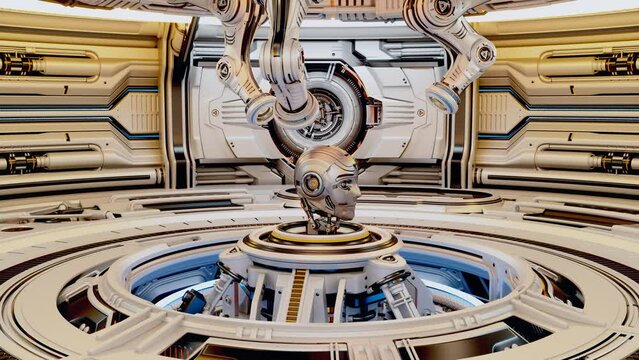 3d rendering animation of highly detailed futuristic hall with robotic mechanism producing advanced humanoid head at the very center or cybernetic sci-fi space station designed for machinery building