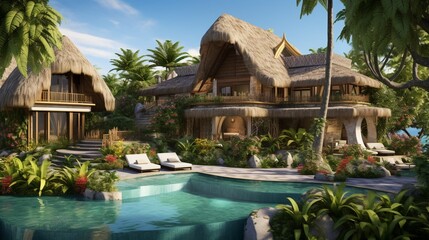 A tropical paradise villa with thatched roofs, open-air architecture, and lush landscaping for a luxurious and exotic getaway feel. - obrazy, fototapety, plakaty