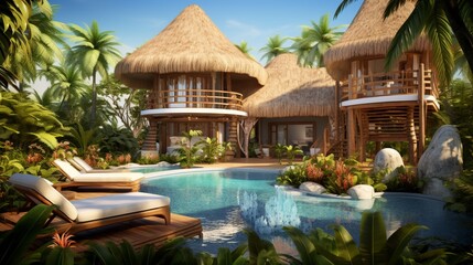 A tropical paradise villa with thatched roofs, open-air architecture, and lush landscaping for a luxurious and exotic getaway feel. 