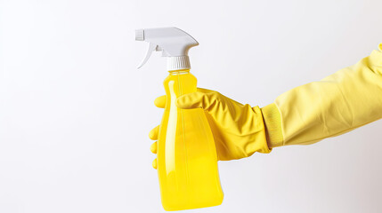 Cleaning service hand in rubber glove holding cleaning spray plastic bottle isolated on white background created with Generative AI Technology