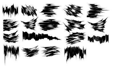 Collection of black brush strokes and textures on a white background, useful for graphic design and artwork.