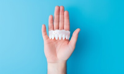 Hand protecting healthy teeth blue background. Protection toothache and pain cavity wear and illness medical dentistry prevention. People patient dental health gum care clinic concept. Generative AI