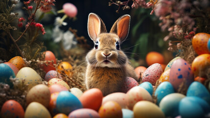 Fototapeta na wymiar A captivated bunny amidst a colorful bounty of Easter eggs, nestled in a whimsical flower garden.
