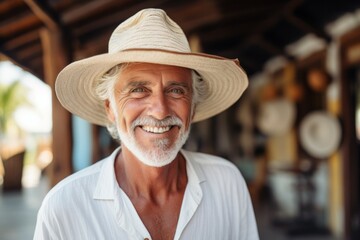 Smiling man wearing a straw hat - obrazy, fototapety, plakaty