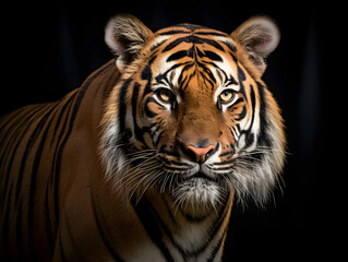 Close-up portrait of a tiger in the forest in autumn.