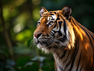 Close-up portrait of a tiger in the forest in autumn.