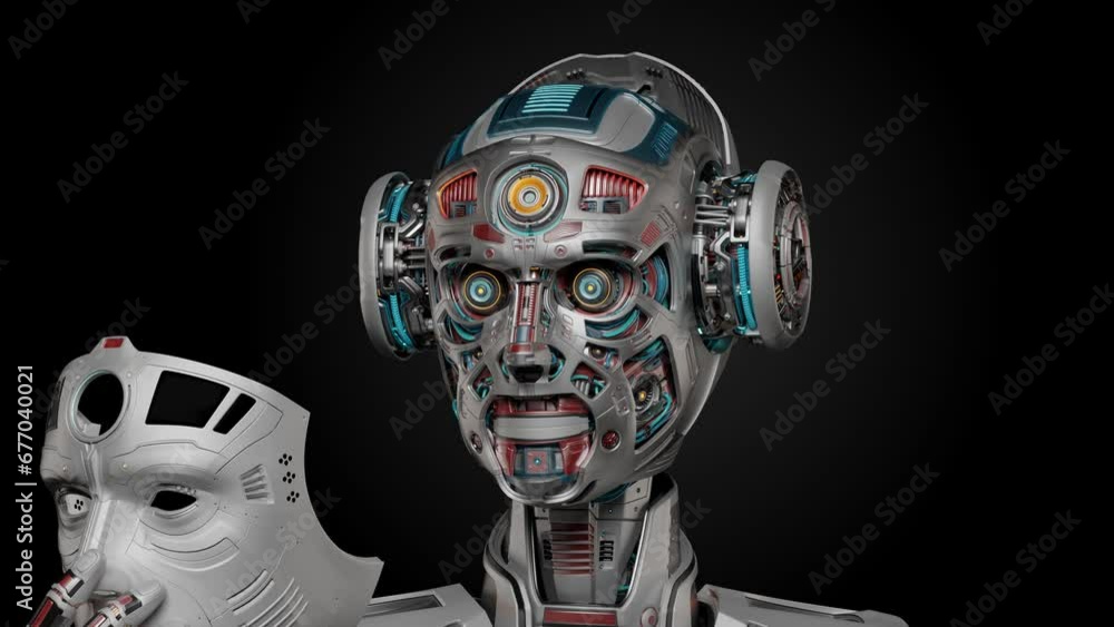Poster detailed futuristic robot man or humanoid cyborg removes his face mask showing vey complex mechanism