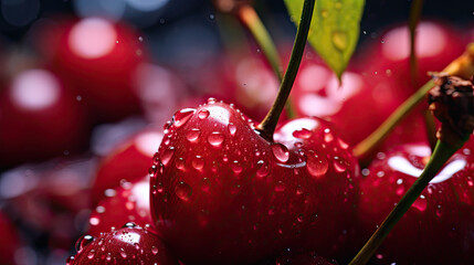 extreme closeup juicy fresh red cherry fruit with sparkling water drops in light and beautiful bokeh created with Generative AI Technology