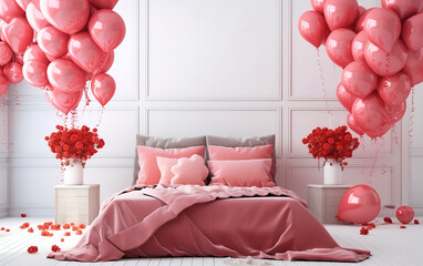 White bedroom interior in modern style with big bed decorated for Valentine's Day with red flowers and pink baloons