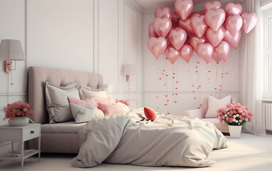 White bedroom interior in modern style with big bed decorated for Valentine's Day with pink flowers and pink baloons