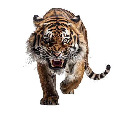 Angry Tiger Walking Front View Isolated on Transparent or White Background, PNG