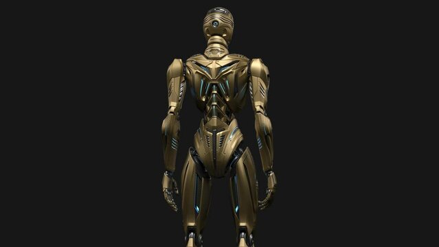 Turntable 360 degree animation of alien robot or yellow humanoid cyborg. 3d rendering of the whole body isolated on black background with alpha