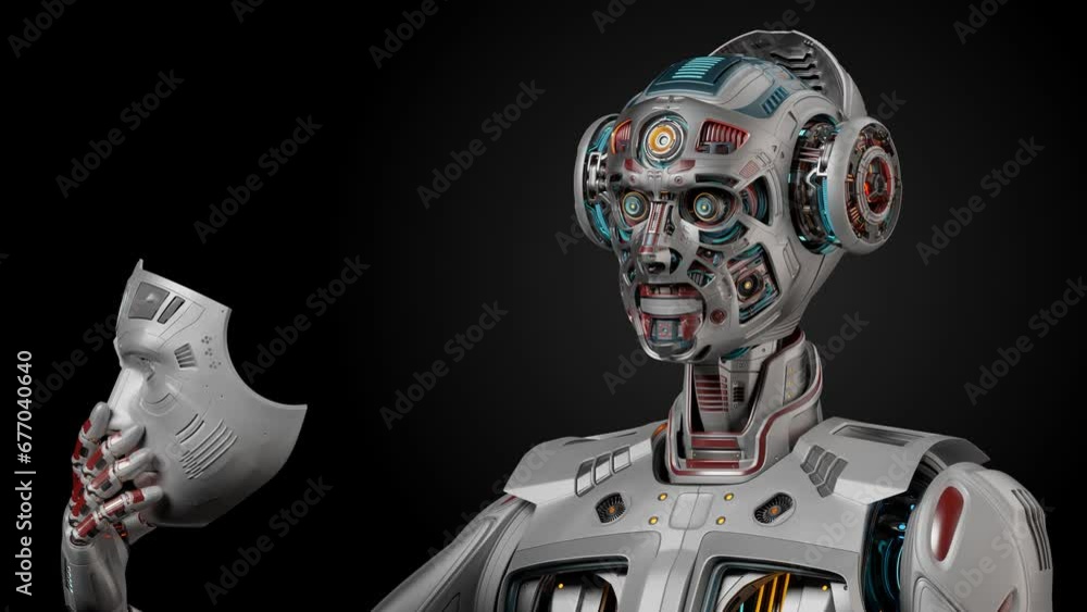 Poster detailed futuristic robot man or humanoid cyborg removes his face mask showing vey complex mechanism