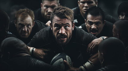 Dynamic photo of a rugby player holding the ball and trying to move forward. Rugby World Cup. The...