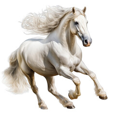 Running White Horse with Flowing Mane Isolated on Transparent or White Background, PNG