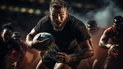 Dynamic photo of a rugby player holding the ball and trying to move forward. Rugby World Cup. The concept of emotions of sports victory