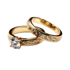 Gold Wedding Rings with Large Diamond Isolated on Transparent or White Background, PNG