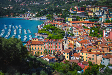 Lerici view from the hill with harbor and seaside - obrazy, fototapety, plakaty