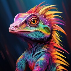 Colorful Lizard with Long Hair on Black Background
