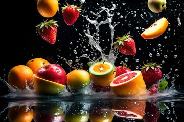 colorful fruit splashed in the water on black background 