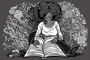 An illustration of a pretty black african american woman reading a book