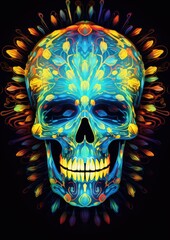 Colorful Skull with Feathered Crown