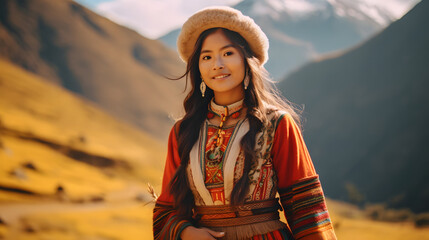 Peruvian woman in traditional clothing on an Inca trail - path in Cusco, Peru - obrazy, fototapety, plakaty