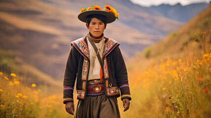 Peruvian young man in traditional clothing on an Inca trail - path in Cusco, Peru