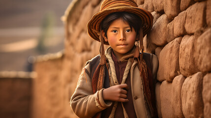 portrait of a Peruvian Quechua boy in traditional clothing on an Inca wall in Chinchero, Cusco, Peru